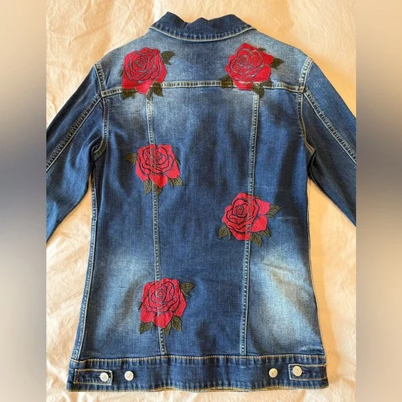Blue Denim Jacket with Red Floral Embroidery Size Small - Picture 2 of 9